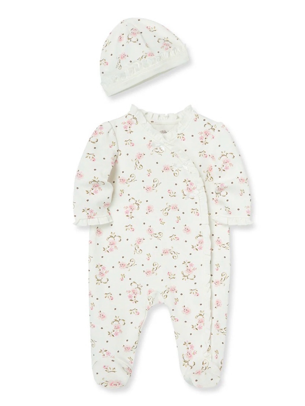 Little Me White Footed Pajama Set with Pink Rose Print